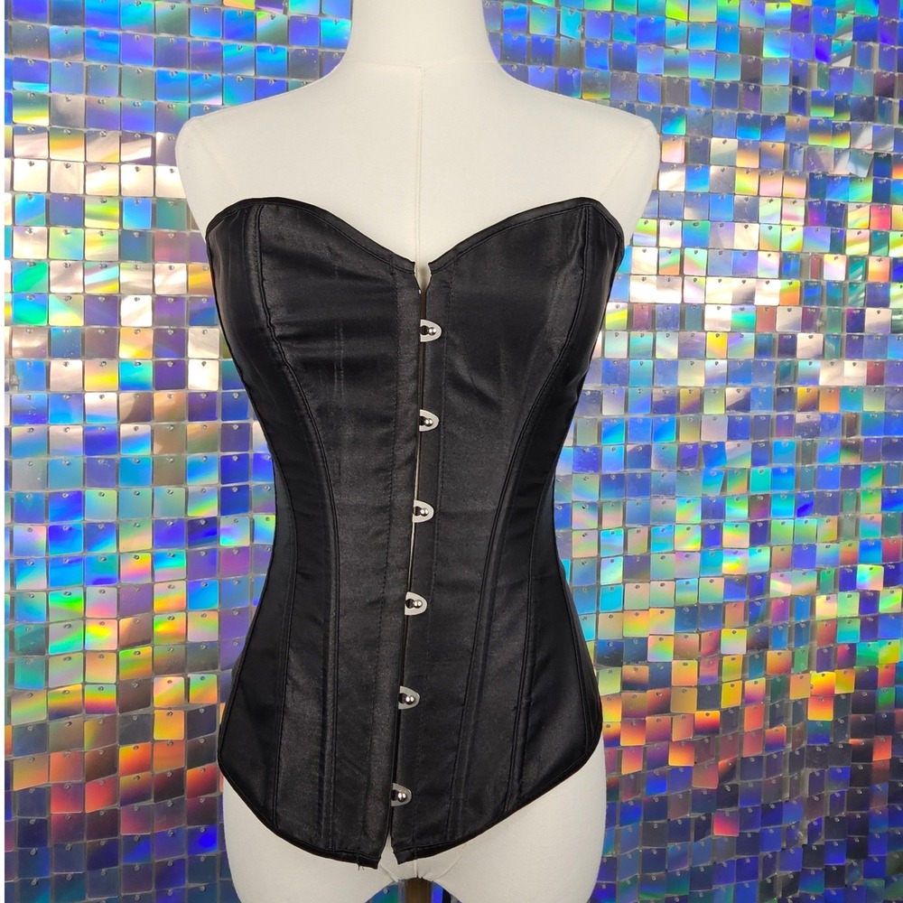 Satin Corset Top Women S Black Excellent‎ Lace Up Busk Boned Goth - Picture 2 of 10